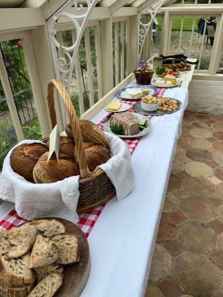 Authentic spread: rabbit terrine, suffolk cheese, suffolk rusks, food museum bread and seasonal vegetables and fruit.