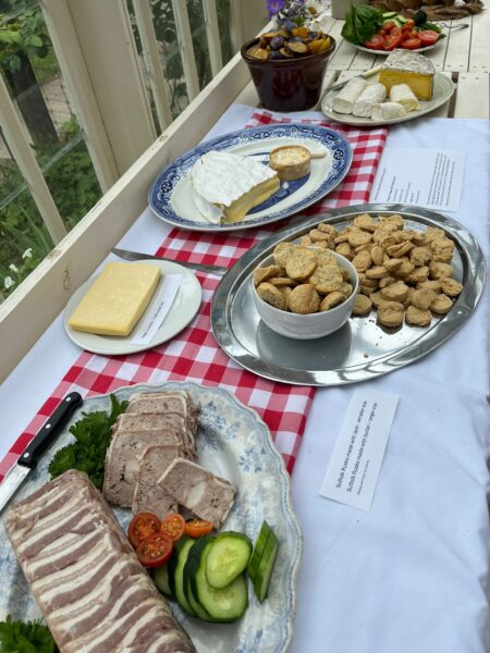Authentic spread: rabbit terrine, suffolk cheese, suffolk rusks, food museum bread and seasonal vegetables and fruit.